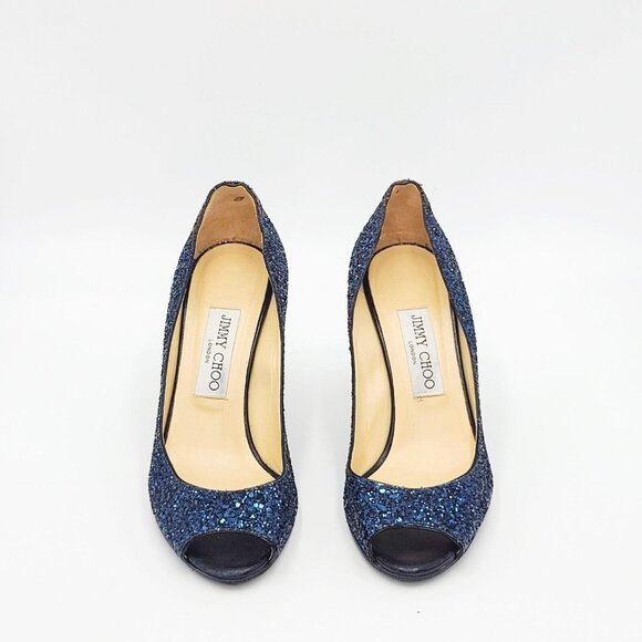 JIMMY CHOO Wedge Heels Blue Glitter BELLO Peep Toe Pumps Size 37.5 - Picture 3 of 9